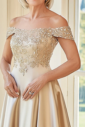 Elégant champagne à épaule dénudée Satin mat trapèze longue mère de la mariée avec broderie